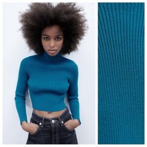 NWT. Zara Blue Cropped Mock Neck Sweater. Size S, M.